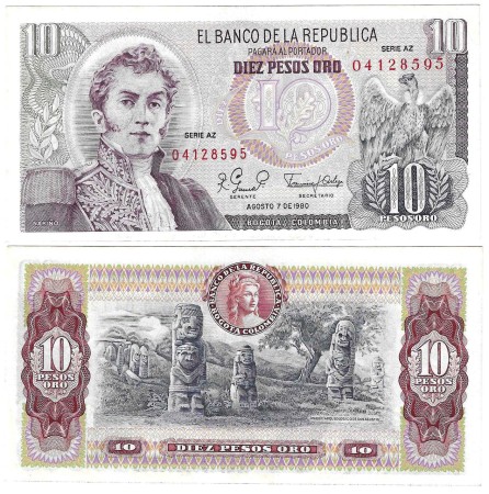 Kolumbia 10 Pesos Oro 1980 UNC Pick 407h	     